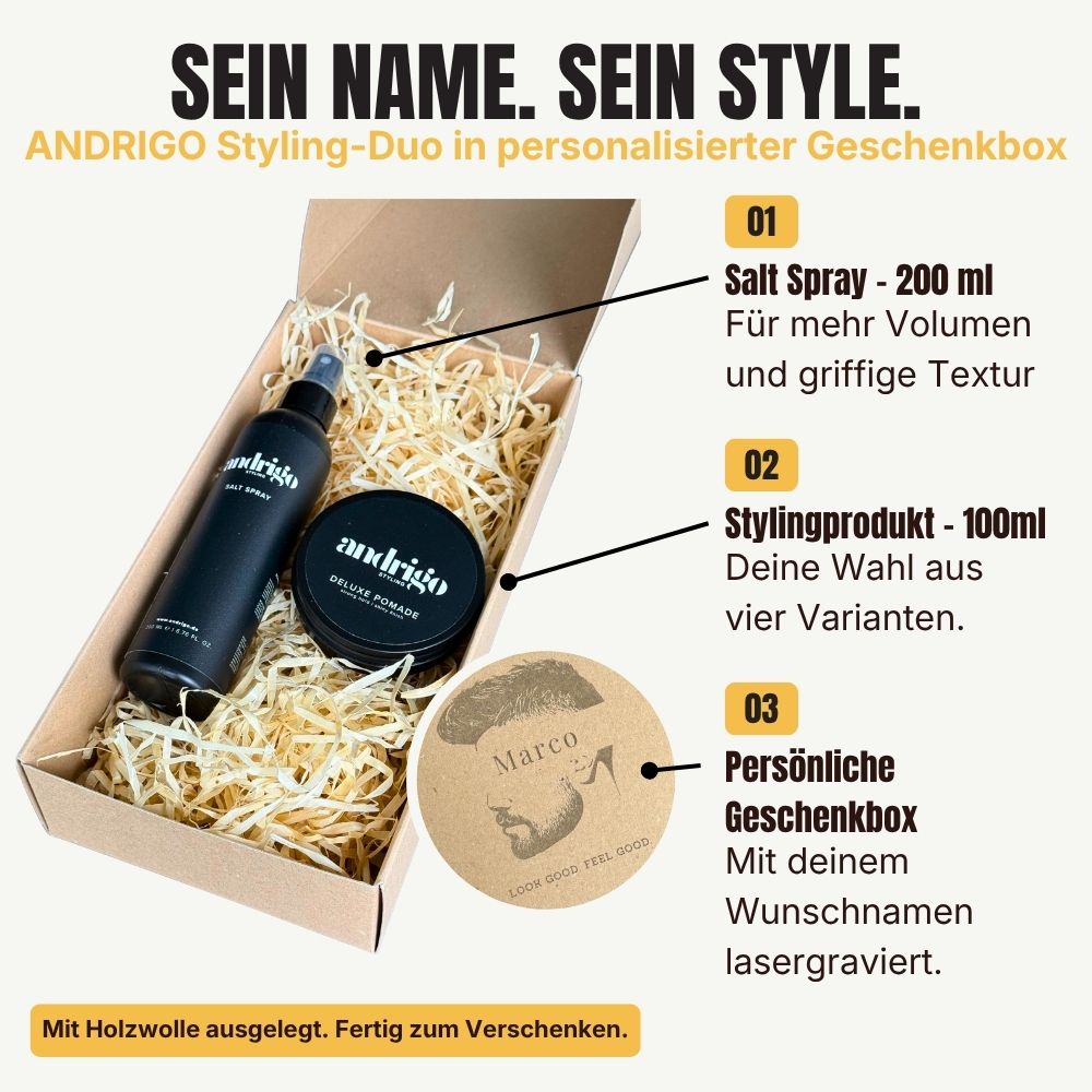 ANDRIGO Geschenkset personalisiert – Salt Spray & Pomade nach Wahl