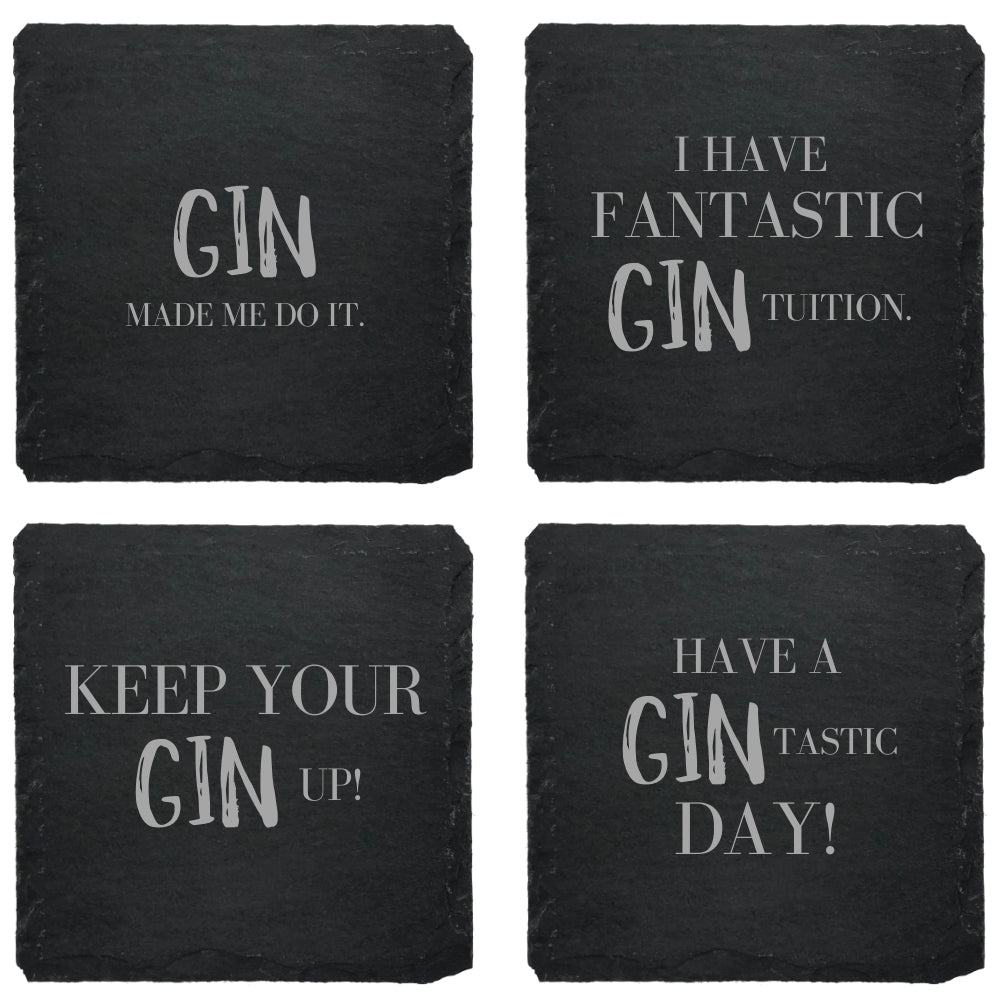 Gin-Untersetzer aus Schiefer mit versch. Motiven - 4er Set
