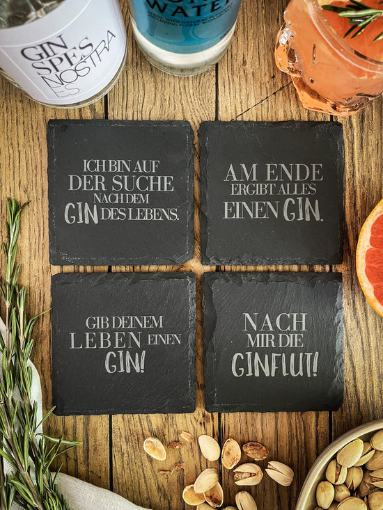 Gin-Untersetzer aus Schiefer mit versch. Motiven - 4er Set